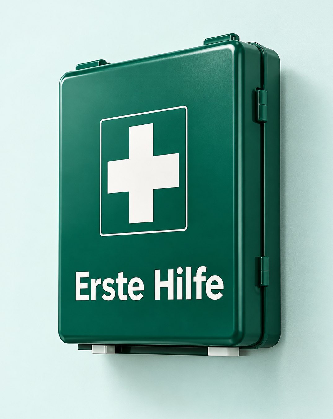 Grüner Erste-Hilfe-Kasten mit weißem Kreuz an einer hellen Wand
